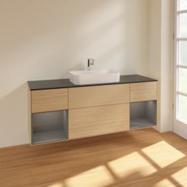 Тумба під раковину Villeroy & Boch Finion 160х50,1 см із підсвічуванням МДФ шпон дуба/скло чорне матове F332GKPC