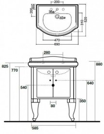 Тумба під раковину Kerasan Retro 69 см білий глянсовий ручки кристал золото 7361K6
