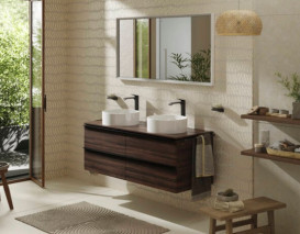 Тумба под раковину подвесная Hansgrohe Xelu Q 136х55 см МДФ темный орех ручки матовый черный 54089670