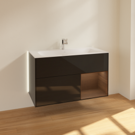 Тумба под раковину Villeroy & Boch Finion 99,6х49,8 см с подсветкой МДФ глянцевый черный лак/шпон грецкого ореха G040GNPH