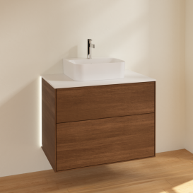 Тумба под раковину Villeroy & Boch Finion 80х50,1 см с подсветкой ДСП шпон грецкого ореха/стекло белое матовое G08100GN