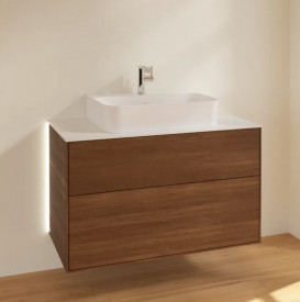 Тумба под раковину Villeroy & Boch Finion 100х50,1 см с подсветкой ДСП шпон грецкого ореха/стекло белое матовое G10100GN