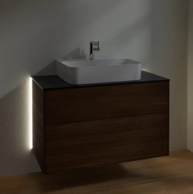 Тумба під раковину Villeroy & Boch Finion 100х50,1 см із підсвічуванням ДСП шпон волоського горіха/скло чорне матове G10200GN