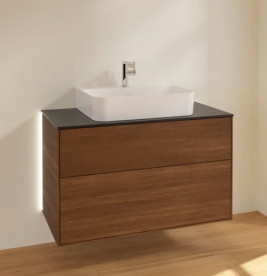 Тумба під раковину Villeroy & Boch Finion 100х50,1 см із підсвічуванням ДСП шпон волоського горіха/скло чорне матове G10200GN