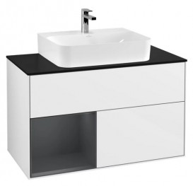 Тумба под раковину Villeroy & Boch Finion 100х50,1 см с подсветкой МДФ глянцевый белый лак/темно-синий матовый лак/стекло черное матовое F112HGGF