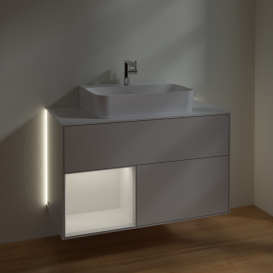 Тумба под раковину Villeroy & Boch Finion 100х50,1 см с подсветкой МДФ светло-серый матовый лак/глянцевый белый лак/стекло белое матовое G111GFGJ