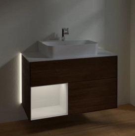 Тумба под раковину Villeroy & Boch Finion 100х50,1 см с подсветкой ДСП шпон грецкого ореха/глянцевый белый лак/стекло белое матовое G111GFGN