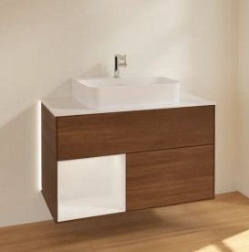 Тумба под раковину Villeroy & Boch Finion 100х50,1 см с подсветкой ДСП шпон грецкого ореха/глянцевый белый лак/стекло белое матовое G111GFGN