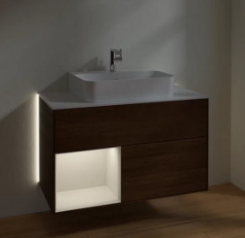 Тумба под раковину Villeroy & Boch Finion 100х50,1 см с подсветкой ДСП шпон грецкого ореха/светло-серый матовый лак/стекло белое матовое G111GJGN