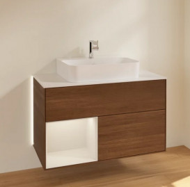 Тумба под раковину Villeroy & Boch Finion 100х50,1 см с подсветкой ДСП шпон грецкого ореха/светло-серый матовый лак/стекло белое матовое G111GJGN