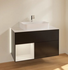 Тумба под раковину Villeroy & Boch Finion 100х50,1 см с подсветкой МДФ черный матовый лак/светло-серый матовый лак/стекло белое матовое G111GJPD