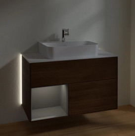 Тумба под раковину Villeroy & Boch Finion 100х50,1 см с подсветкой ДСП шпон грецкого ореха/антрацит матовый лак/стекло белое матовое G111GKGN