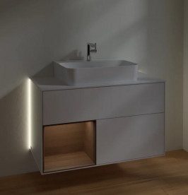 Тумба под раковину Villeroy & Boch Finion 100х50,1 см с подсветкой МДФ глянцевый белый лак/шпон грецкого ореха/стекло белое матовое G111GNGF