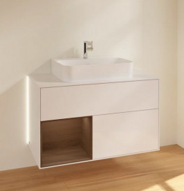 Тумба под раковину Villeroy & Boch Finion 100х50,1 см с подсветкой МДФ глянцевый белый лак/шпон грецкого ореха/стекло белое матовое G111GNGF