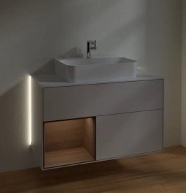 Тумба під раковину Villeroy & Boch Finion 100х50,1 см з підсвічуванням МДФ світло-сірий матовий лак/шпон волоського горіха/скло біле матове G111GNGJ