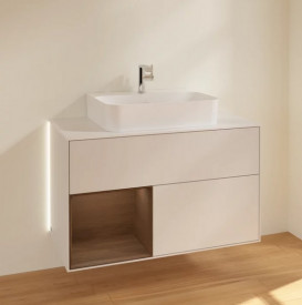 Тумба під раковину Villeroy & Boch Finion 100х50,1 см з підсвічуванням МДФ світло-сірий матовий лак/шпон волоського горіха/скло біле матове G111GNGJ