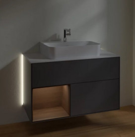Тумба под раковину Villeroy & Boch Finion 100х50,1 см с подсветкой МДФ антрацит матовый лак/шпон грецкого ореха/стекло белое матовое G111GNGK