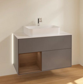 Тумба под раковину Villeroy & Boch Finion 100х50,1 см с подсветкой МДФ антрацит матовый лак/шпон грецкого ореха/стекло белое матовое G111GNGK