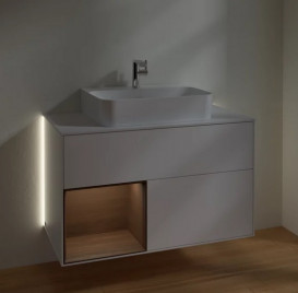 Тумба под раковину Villeroy & Boch Finion 100х50,1 см с подсветкой МДФ белый матовый лак/шпон грецкого ореха/стекло белое матовое G111GNMT