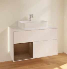 Тумба под раковину Villeroy & Boch Finion 100х50,1 см с подсветкой МДФ белый матовый лак/шпон грецкого ореха/стекло белое матовое G111GNMT