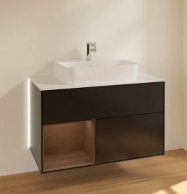 Тумба под раковину Villeroy & Boch Finion 100х50,1 см с подсветкой МДФ черный матовый лак/шпон грецкого ореха/стекло белое матовое G111GNPD