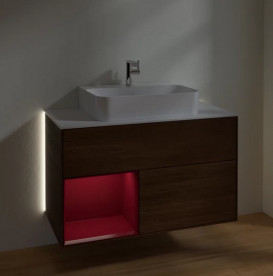 Тумба под раковину Villeroy & Boch Finion 100х50,1 см с подсветкой ДСП шпон грецкого ореха/пион матовый лак/стекло белое матовое G111HBGN