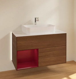 Тумба под раковину Villeroy & Boch Finion 100х50,1 см с подсветкой ДСП шпон грецкого ореха/пион матовый лак/стекло белое матовое G111HBGN