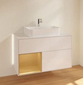 Тумба під раковину Villeroy & Boch Finion 100х50,1 см із підсвічуванням МДФ глянсовий білий лак/золотий матовий лак/скло біле матове G111HFGF
