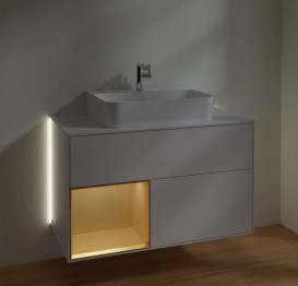 Тумба під раковину Villeroy & Boch Finion 100х50,1 см із підсвічуванням МДФ глянсовий білий лак/золотий матовий лак/скло біле матове G111HFGF