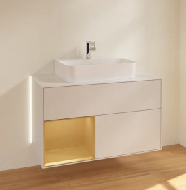 Тумба под раковину Villeroy & Boch Finion 100х50,1 см с подсветкой МДФ светло-серый матовый лак/золотой матовый лак/стекло белое матовое G111HFGJ