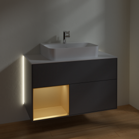 Тумба под раковину Villeroy & Boch Finion 100х50,1 см с подсветкой МДФ антрацит матовый лак/золотой матовый лак/стекло белое матовое G111HFGK