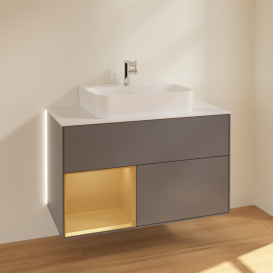 Тумба под раковину Villeroy & Boch Finion 100х50,1 см с подсветкой МДФ антрацит матовый лак/золотой матовый лак/стекло белое матовое G111HFGK