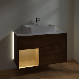 Тумба под раковину Villeroy & Boch Finion 100х50,1 см с подсветкой ДСП шпон грецкого ореха/золотой матовый лак/стекло белое матовое G111HFGN