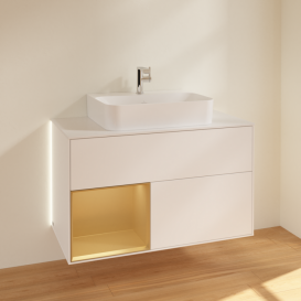 Тумба під раковину Villeroy & Boch Finion 100х50,1 см із підсвічуванням МДФ білий матовий лак/золотий матовий лак/скло біле матове G111HFMT