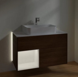 Тумба под раковину Villeroy & Boch Finion 100х50,1 см с подсветкой ДСП шпон грецкого ореха/белый матовый лак/стекло белое матовое G111MTGN