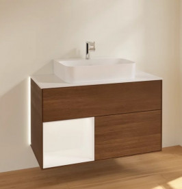 Тумба под раковину Villeroy & Boch Finion 100х50,1 см с подсветкой ДСП шпон грецкого ореха/белый матовый лак/стекло белое матовое G111MTGN