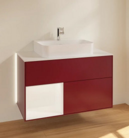 Тумба под раковину Villeroy & Boch Finion 100х50,1 см с подсветкой МДФ пион матовый лак/белый матовый лак/стекло белое матовое G111MTHB