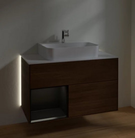 Тумба под раковину Villeroy & Boch Finion 100х50,1 см с подсветкой ДСП шпон грецкого ореха/черный матовый лак/стекло белое матовое G111PDGN