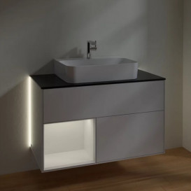 Тумба под раковину Villeroy & Boch Finion 100х50,1 см с подсветкой МДФ глянцевый белый лак/стекло черное матовое G112GFGF