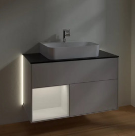 Тумба под раковину Villeroy & Boch Finion 100х50,1 см с подсветкой МДФ светло-серый матовый лак/глянцевый белый лак/стекло черное матовое G112GFGJ