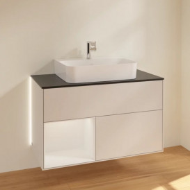 Тумба под раковину Villeroy & Boch Finion 100х50,1 см с подсветкой МДФ светло-серый матовый лак/глянцевый белый лак/стекло черное матовое G112GFGJ