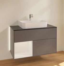 Тумба под раковину Villeroy & Boch Finion 100х50,1 см с подсветкой МДФ антрацит матовый лак/глянцевый белый лак/стекло черное матовое G112GFGK