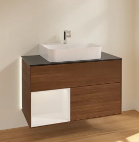 Тумба под раковину Villeroy & Boch Finion 100х50,1 см с подсветкой ДСП шпон грецкого ореха/глянцевый белый лак/стекло черное матовое G112GFGN