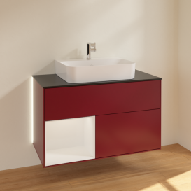 Тумба под раковину Villeroy & Boch Finion 100х50,1 см с подсветкой МДФ пион матовый лак/глянцевый белый лак/стекло черное матовое G112GFHB