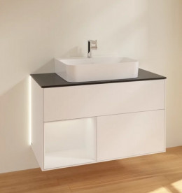 Тумба под раковину Villeroy & Boch Finion 100х50,1 см с подсветкой МДФ белый матовый лак/глянцевый белый лак/стекло черное матовое G112GFMT