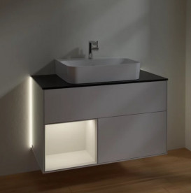 Тумба под раковину Villeroy & Boch Finion 100х50,1 см с подсветкой МДФ глянцевый белый лак/светло-серый матовый лак/стекло черное матовое G112GJGF