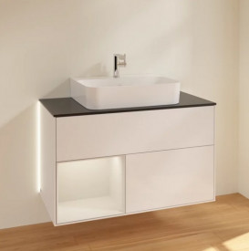 Тумба под раковину Villeroy & Boch Finion 100х50,1 см с подсветкой МДФ глянцевый белый лак/светло-серый матовый лак/стекло черное матовое G112GJGF