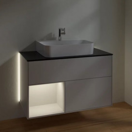 Тумба под раковину Villeroy & Boch Finion 100х50,1 см с подсветкой МДФ светло-серый матовый лак/стекло черное матовое G112GJGJ