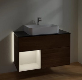 Тумба под раковину Villeroy & Boch Finion 100х50,1 см с подсветкой ДСП шпон грецкого ореха/светло-серый матовый лак/стекло черное матовое G112GJGN