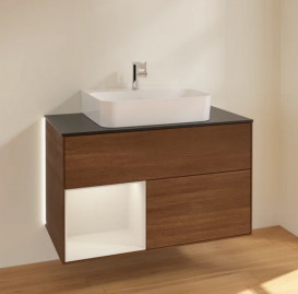 Тумба под раковину Villeroy & Boch Finion 100х50,1 см с подсветкой ДСП шпон грецкого ореха/светло-серый матовый лак/стекло черное матовое G112GJGN